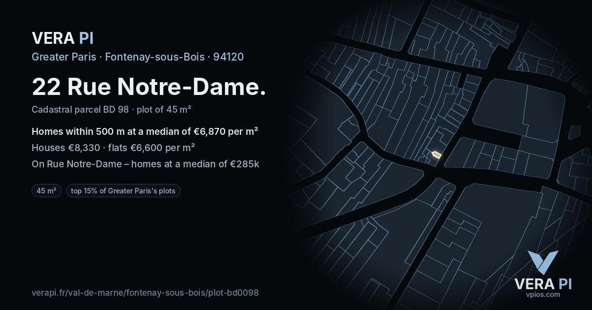 22 Rue Notre-Dame, Fontenay-sous-Bois at night – the plot lit, the parcels around coloured by the prices near them