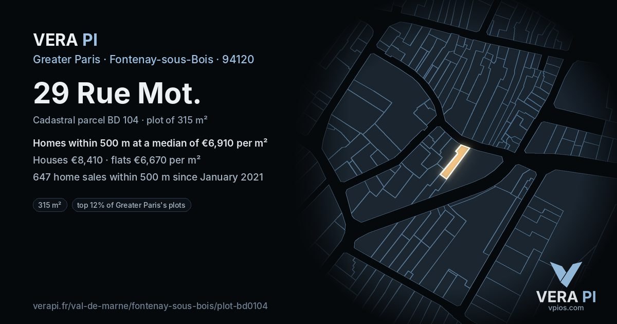 29 Rue Mot, Fontenay-sous-Bois at night – the plot lit, the parcels around coloured by the prices near them
