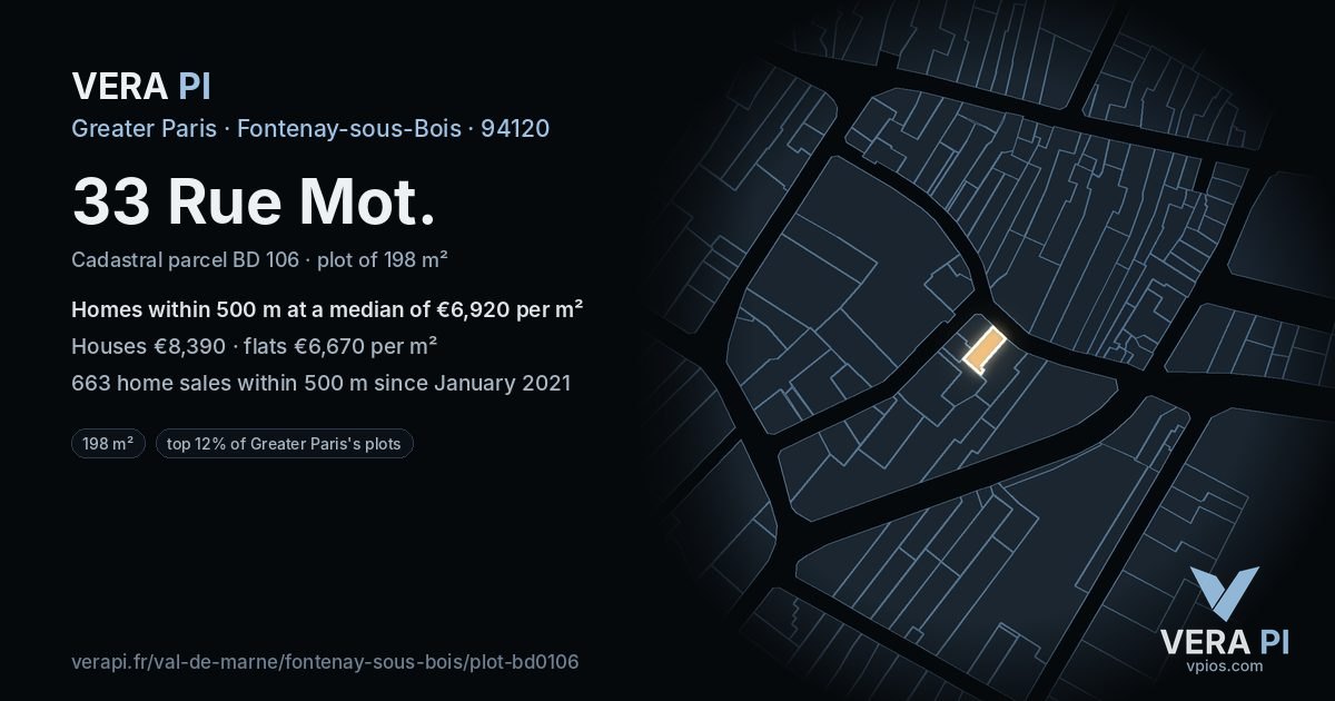 33 Rue Mot, Fontenay-sous-Bois at night – the plot lit, the parcels around coloured by the prices near them