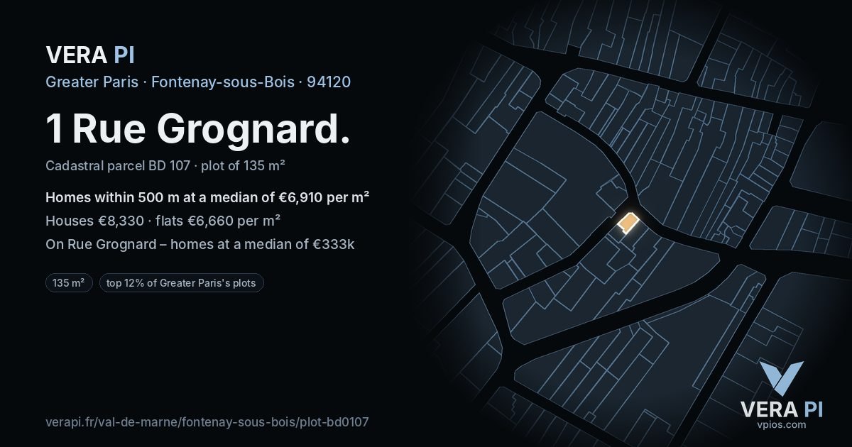 1 Rue Grognard, Fontenay-sous-Bois at night – the plot lit, the parcels around coloured by the prices near them
