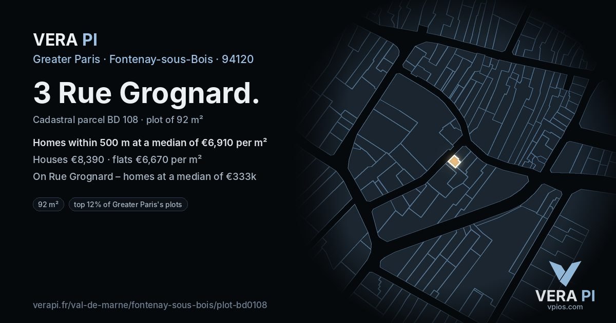 3 Rue Grognard, Fontenay-sous-Bois at night – the plot lit, the parcels around coloured by the prices near them