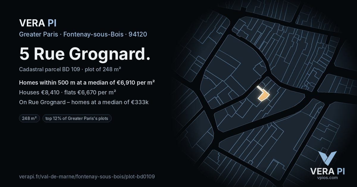 5 Rue Grognard, Fontenay-sous-Bois at night – the plot lit, the parcels around coloured by the prices near them