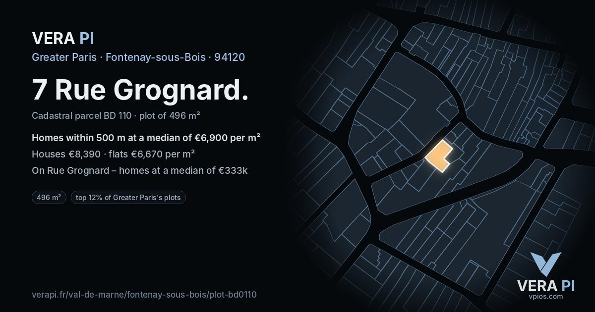 7 Rue Grognard, Fontenay-sous-Bois at night – the plot lit, the parcels around coloured by the prices near them