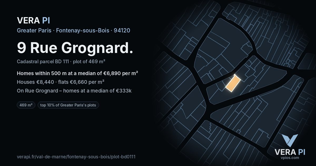 9 Rue Grognard, Fontenay-sous-Bois at night – the plot lit, the parcels around coloured by the prices near them