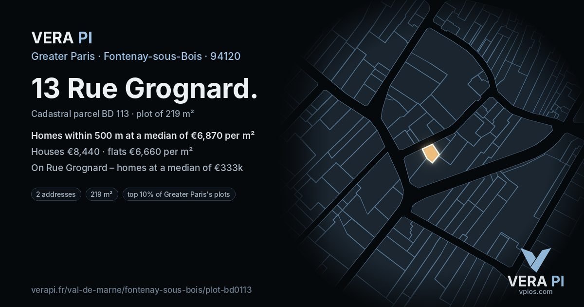13 Rue Grognard, Fontenay-sous-Bois at night – the plot lit, the parcels around coloured by the prices near them