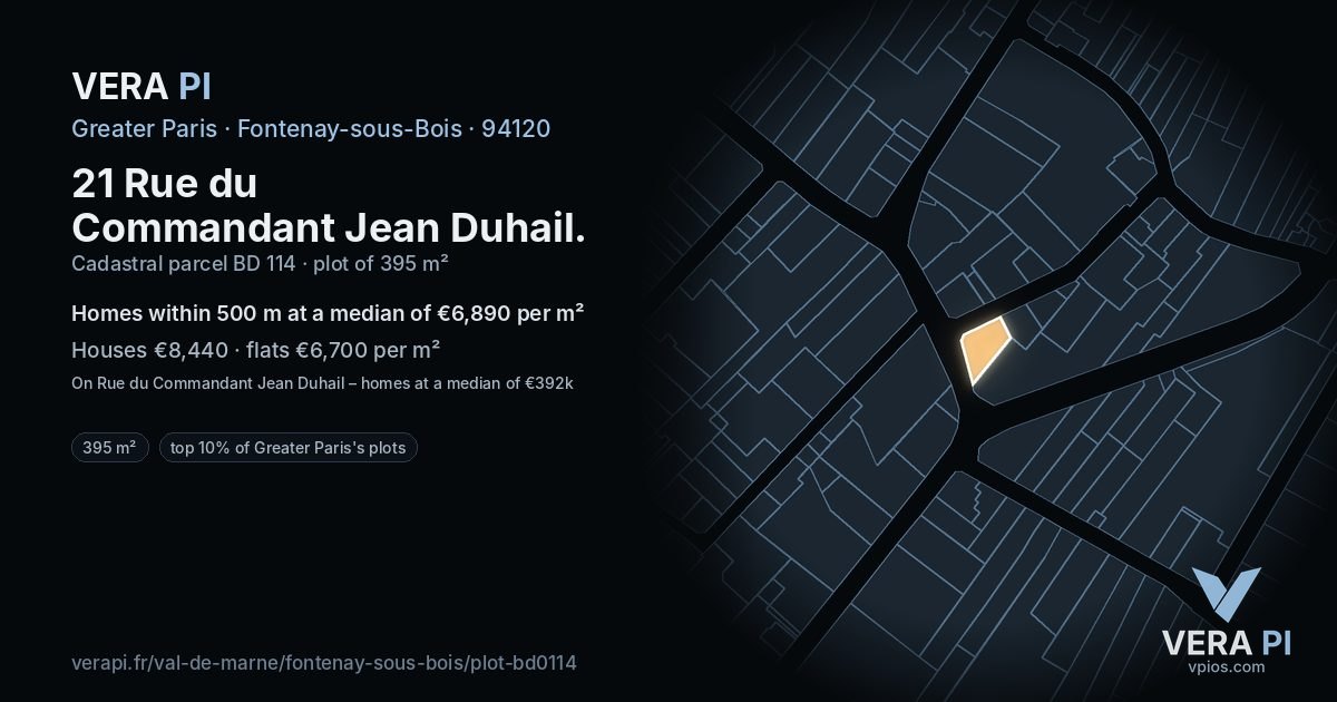 21 Rue du Commandant Jean Duhail, Fontenay-sous-Bois at night – the plot lit, the parcels around coloured by the prices near them