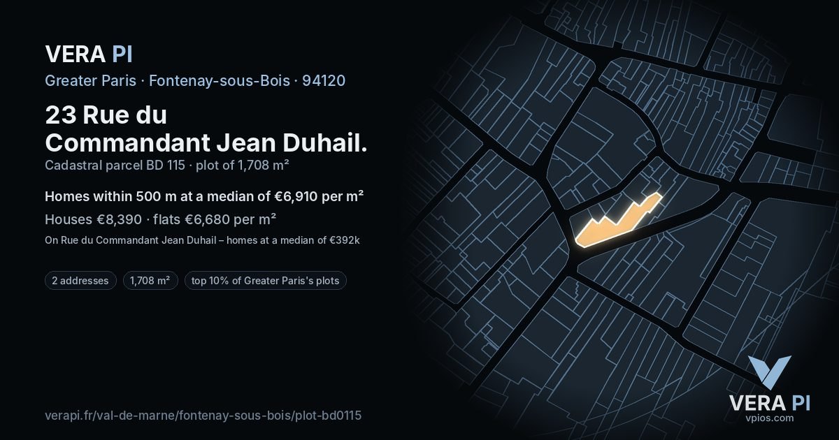 23 Rue du Commandant Jean Duhail, Fontenay-sous-Bois at night – the plot lit, the parcels around coloured by the prices near them