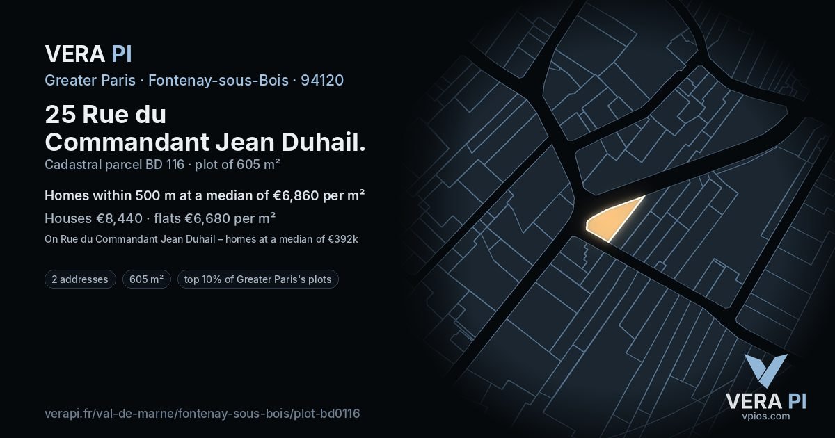 25 Rue du Commandant Jean Duhail, Fontenay-sous-Bois at night – the plot lit, the parcels around coloured by the prices near them