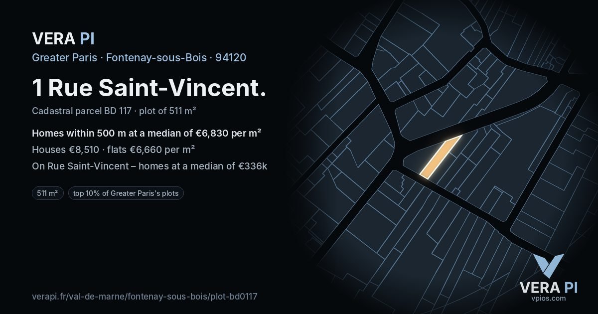 1 Rue Saint-Vincent, Fontenay-sous-Bois at night – the plot lit, the parcels around coloured by the prices near them