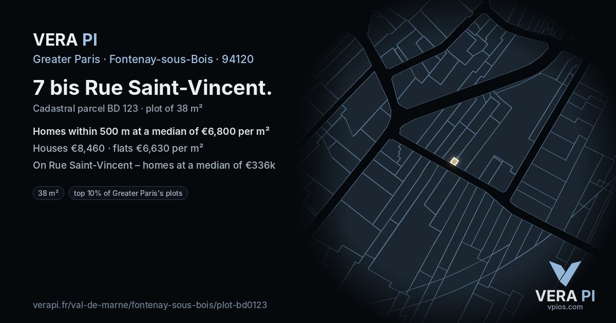 7 bis Rue Saint-Vincent, Fontenay-sous-Bois at night – the plot lit, the parcels around coloured by the prices near them