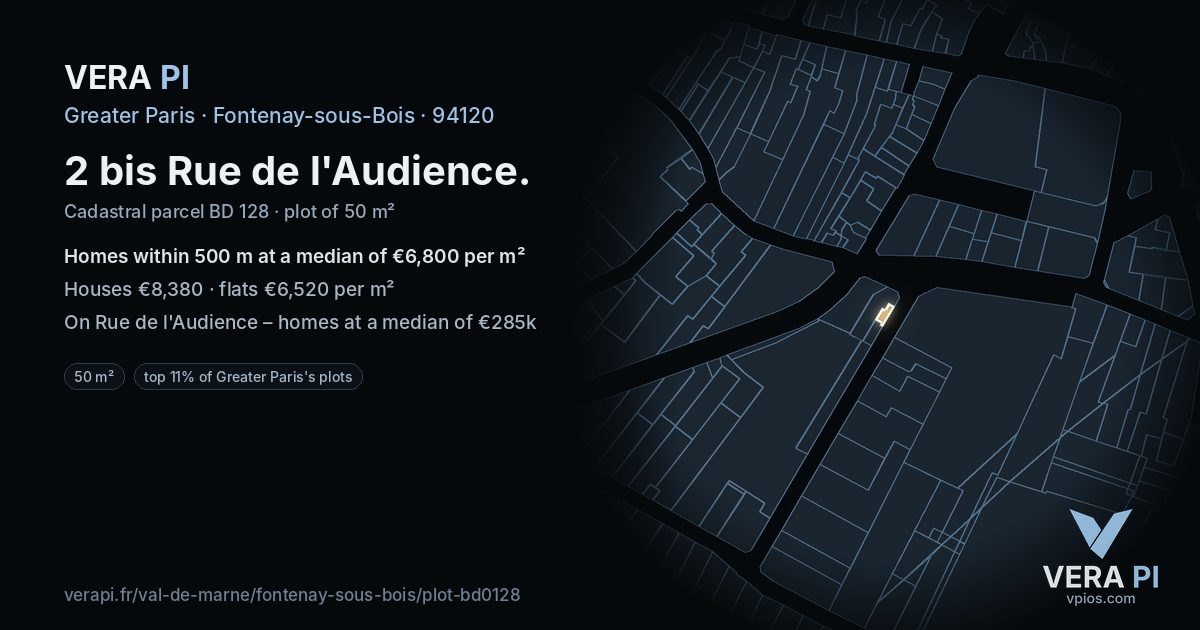 2 bis Rue de l'Audience, Fontenay-sous-Bois at night – the plot lit, the parcels around coloured by the prices near them