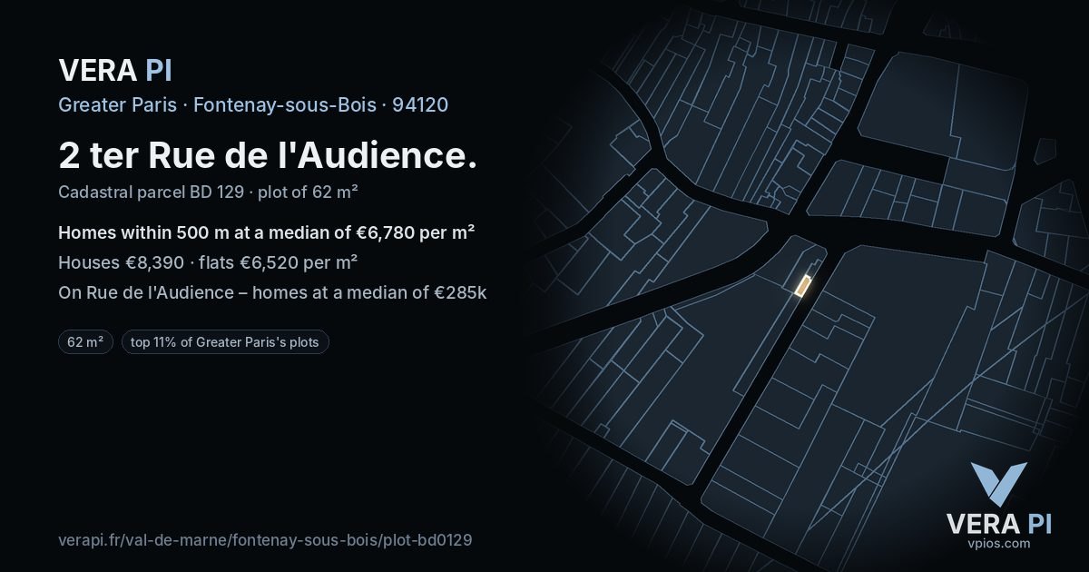 2 ter Rue de l'Audience, Fontenay-sous-Bois at night – the plot lit, the parcels around coloured by the prices near them
