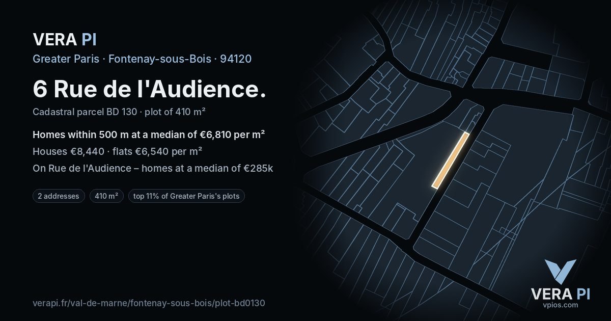 6 Rue de l'Audience, Fontenay-sous-Bois at night – the plot lit, the parcels around coloured by the prices near them