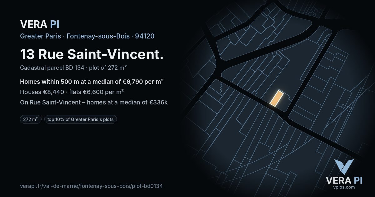 13 Rue Saint-Vincent, Fontenay-sous-Bois at night – the plot lit, the parcels around coloured by the prices near them