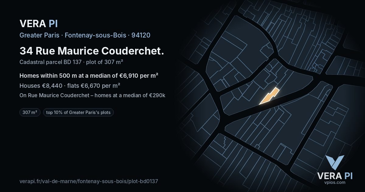 34 Rue Maurice Couderchet, Fontenay-sous-Bois at night – the plot lit, the parcels around coloured by the prices near them