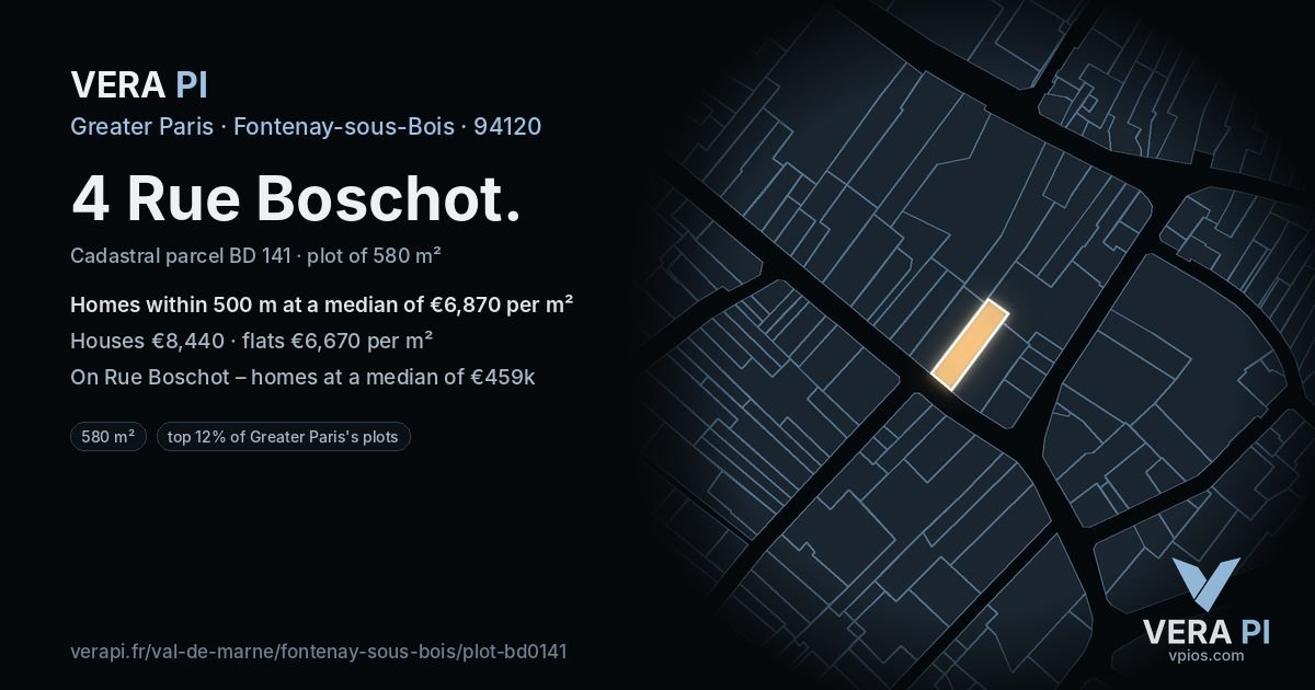 4 Rue Boschot, Fontenay-sous-Bois at night – the plot lit, the parcels around coloured by the prices near them