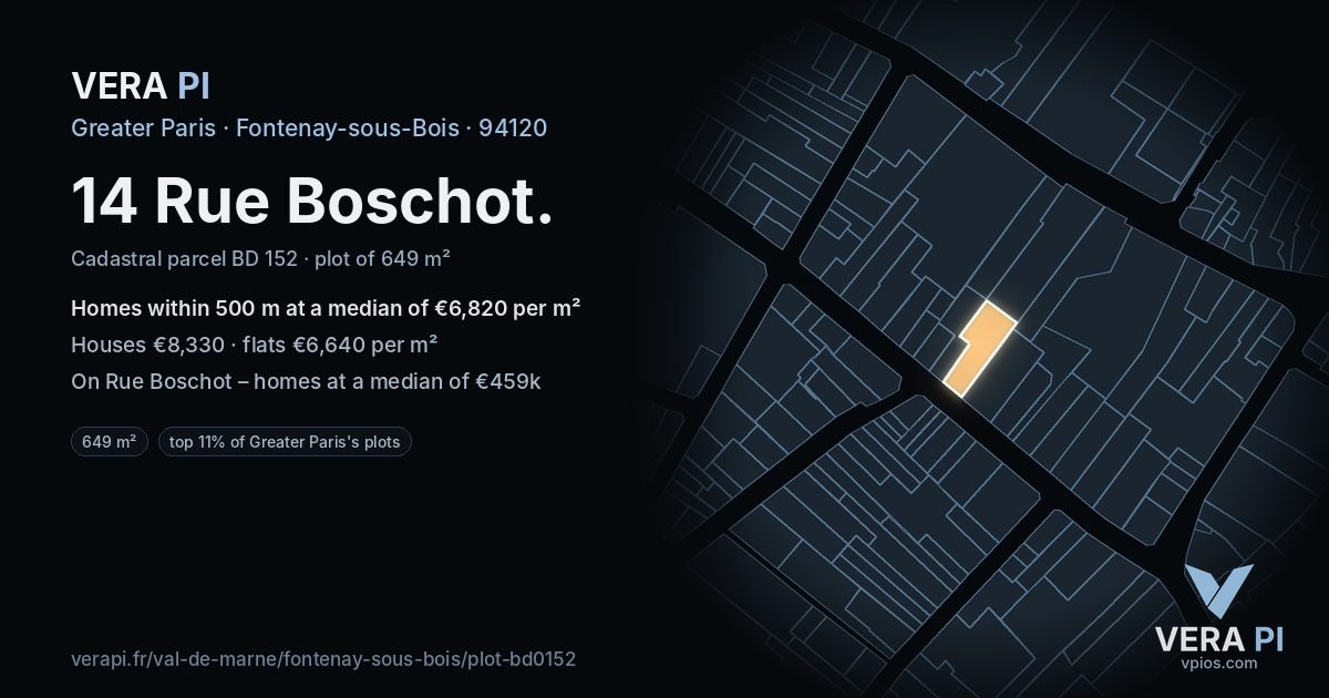14 Rue Boschot, Fontenay-sous-Bois at night – the plot lit, the parcels around coloured by the prices near them