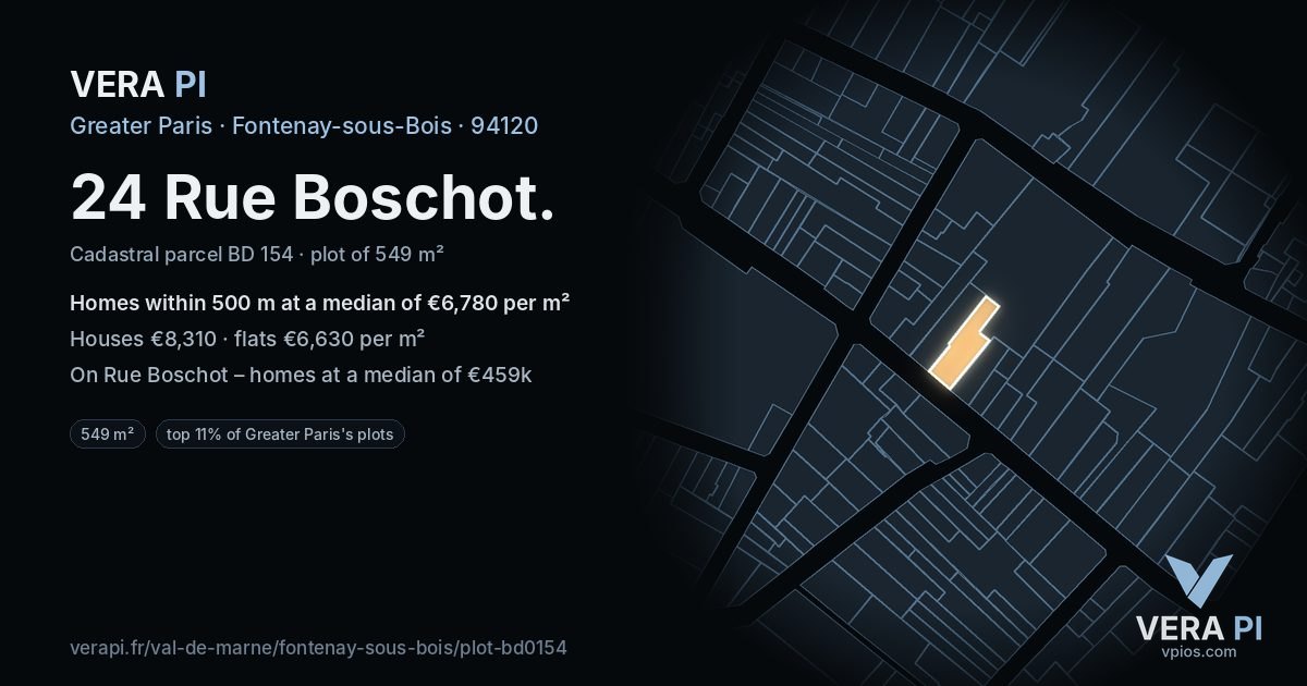 24 Rue Boschot, Fontenay-sous-Bois at night – the plot lit, the parcels around coloured by the prices near them