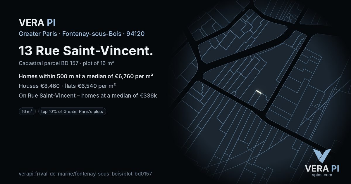 13 Rue Saint-Vincent, Fontenay-sous-Bois at night – the plot lit, the parcels around coloured by the prices near them