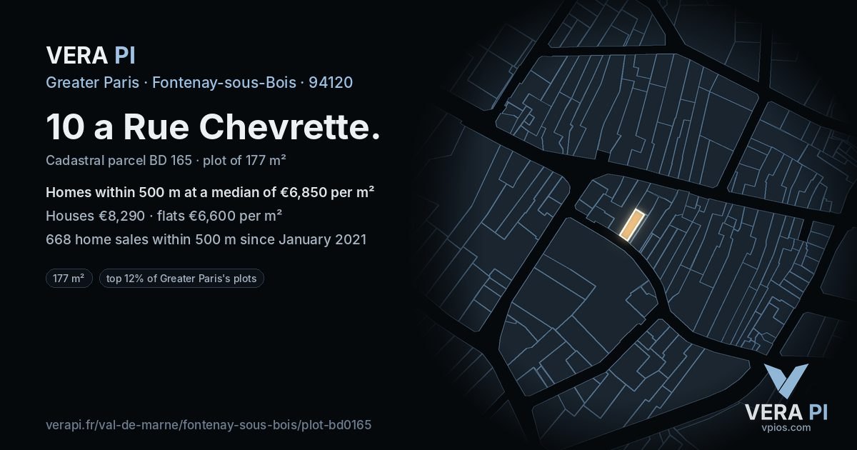 10 a Rue Chevrette, Fontenay-sous-Bois at night – the plot lit, the parcels around coloured by the prices near them