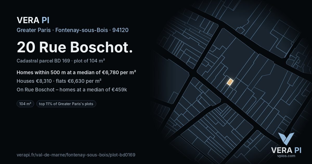 20 Rue Boschot, Fontenay-sous-Bois at night – the plot lit, the parcels around coloured by the prices near them