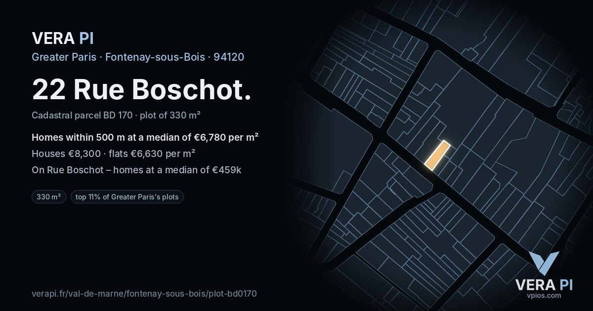 22 Rue Boschot, Fontenay-sous-Bois at night – the plot lit, the parcels around coloured by the prices near them