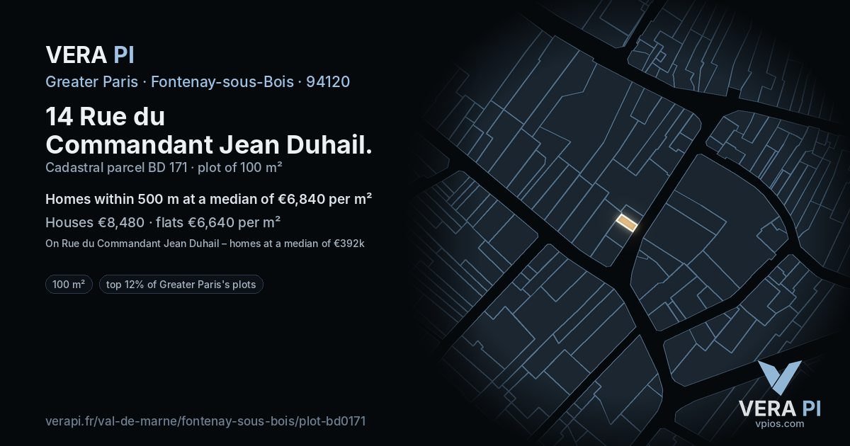 14 Rue du Commandant Jean Duhail, Fontenay-sous-Bois at night – the plot lit, the parcels around coloured by the prices near them