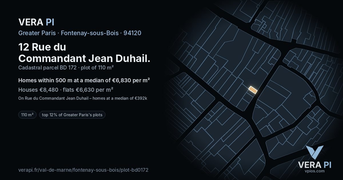12 Rue du Commandant Jean Duhail, Fontenay-sous-Bois at night – the plot lit, the parcels around coloured by the prices near them