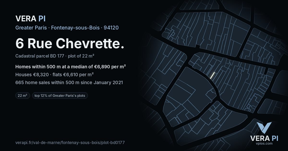 6 Rue Chevrette, Fontenay-sous-Bois at night – the plot lit, the parcels around coloured by the prices near them