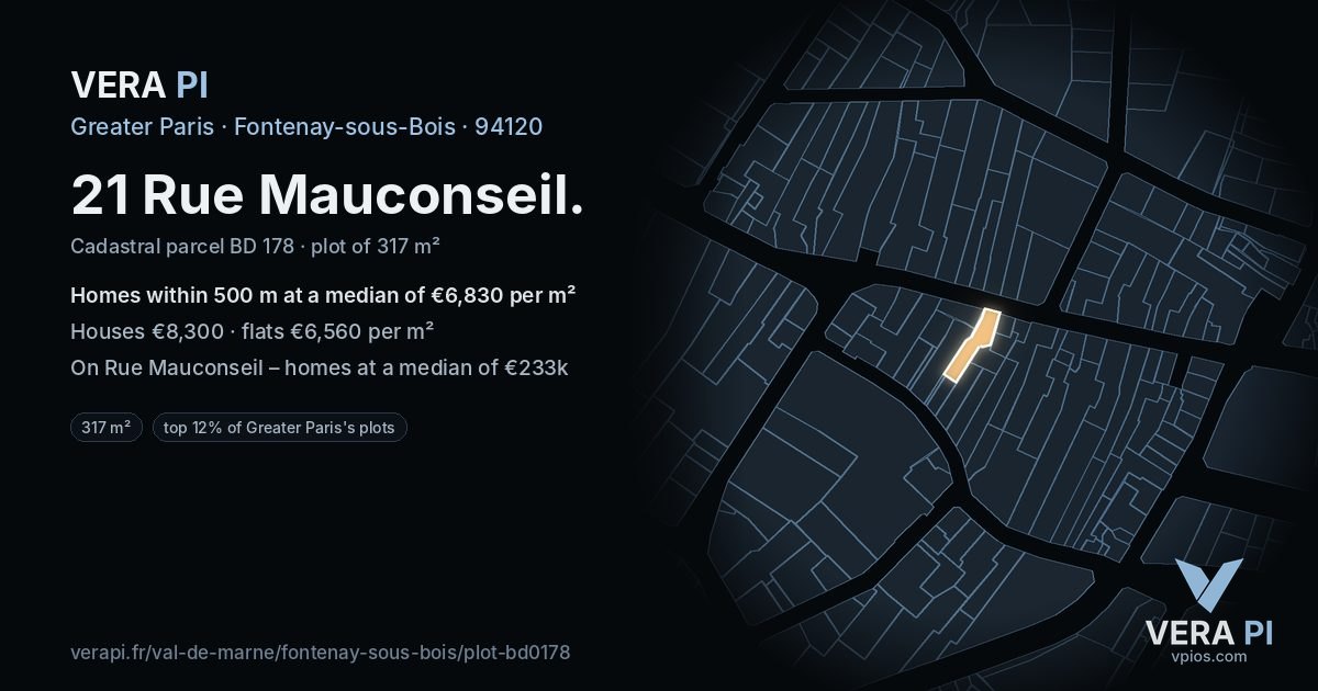 21 Rue Mauconseil, Fontenay-sous-Bois at night – the plot lit, the parcels around coloured by the prices near them
