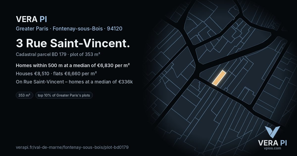 3 Rue Saint-Vincent, Fontenay-sous-Bois at night – the plot lit, the parcels around coloured by the prices near them