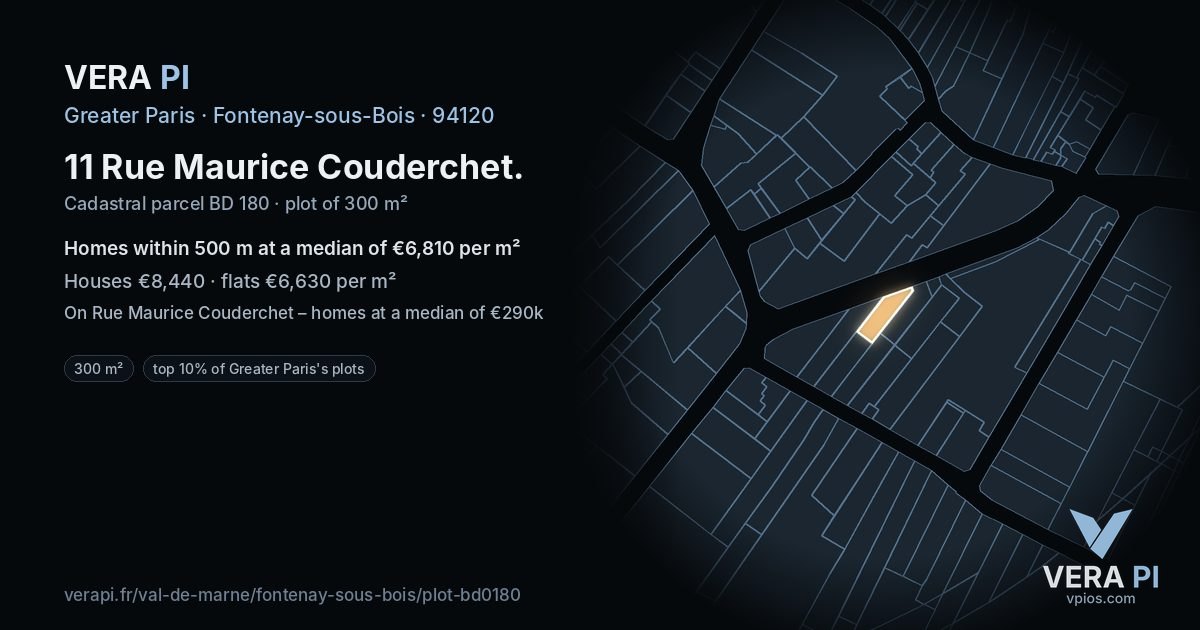 11 Rue Maurice Couderchet, Fontenay-sous-Bois at night – the plot lit, the parcels around coloured by the prices near them