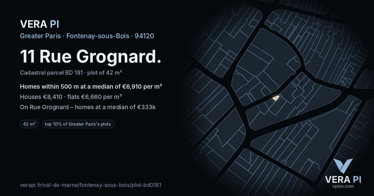 11 Rue Grognard, Fontenay-sous-Bois at night – the plot lit, the parcels around coloured by the prices near them
