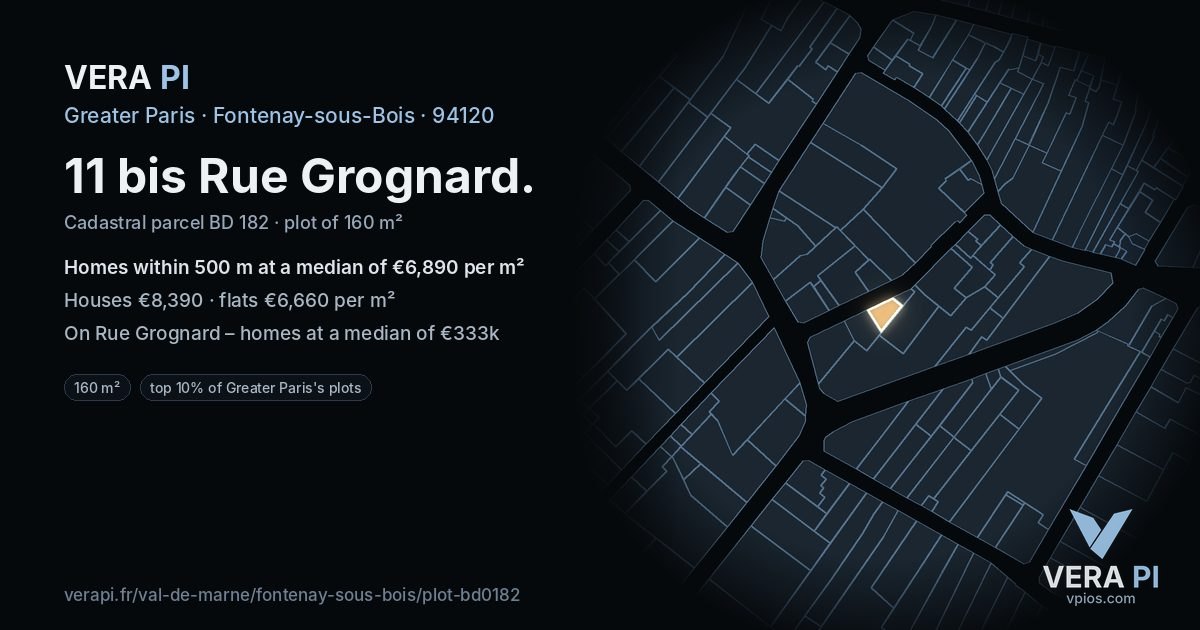 11 bis Rue Grognard, Fontenay-sous-Bois at night – the plot lit, the parcels around coloured by the prices near them