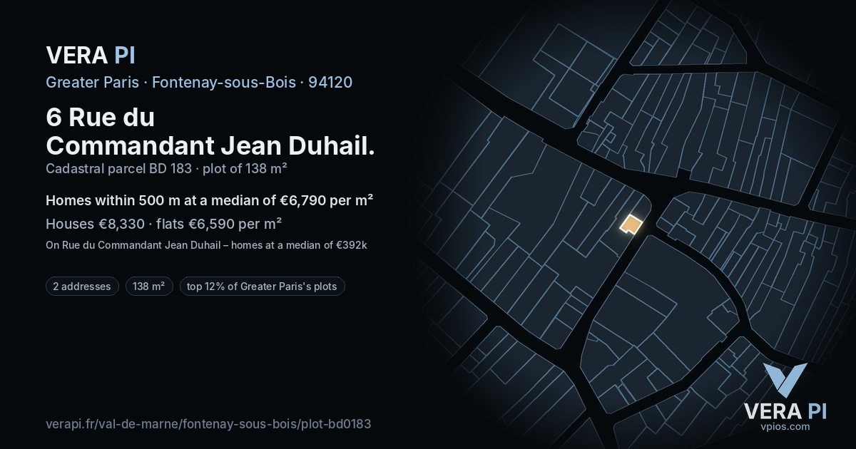 6 Rue du Commandant Jean Duhail, Fontenay-sous-Bois at night – the plot lit, the parcels around coloured by the prices near them