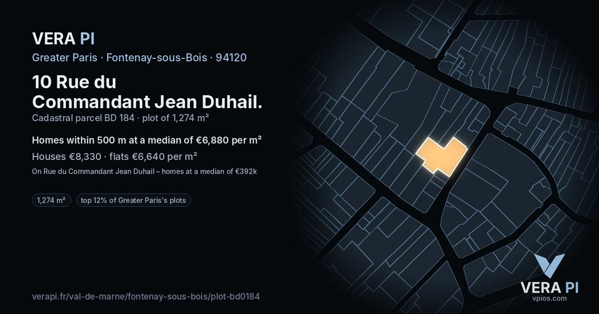 10 Rue du Commandant Jean Duhail, Fontenay-sous-Bois at night – the plot lit, the parcels around coloured by the prices near them