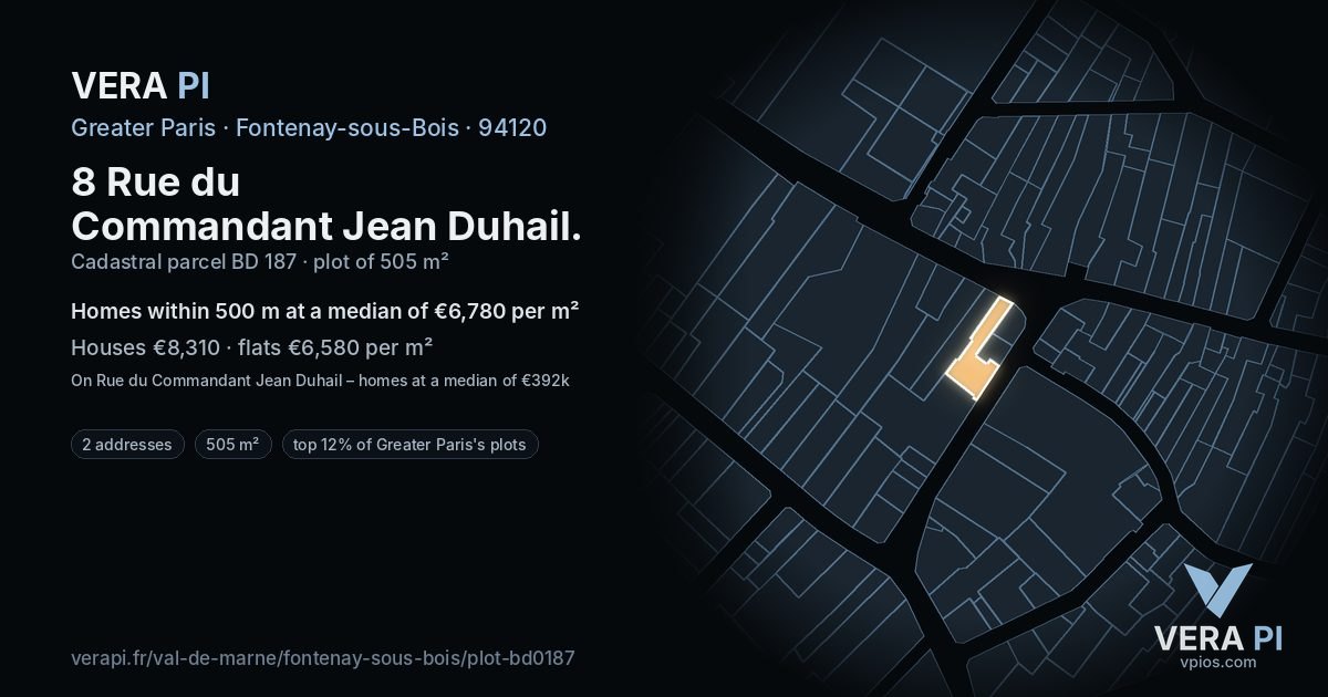 8 Rue du Commandant Jean Duhail, Fontenay-sous-Bois at night – the plot lit, the parcels around coloured by the prices near them