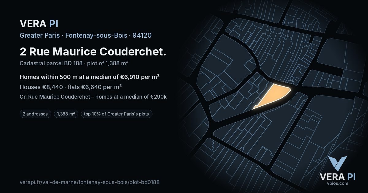 2 Rue Maurice Couderchet, Fontenay-sous-Bois at night – the plot lit, the parcels around coloured by the prices near them