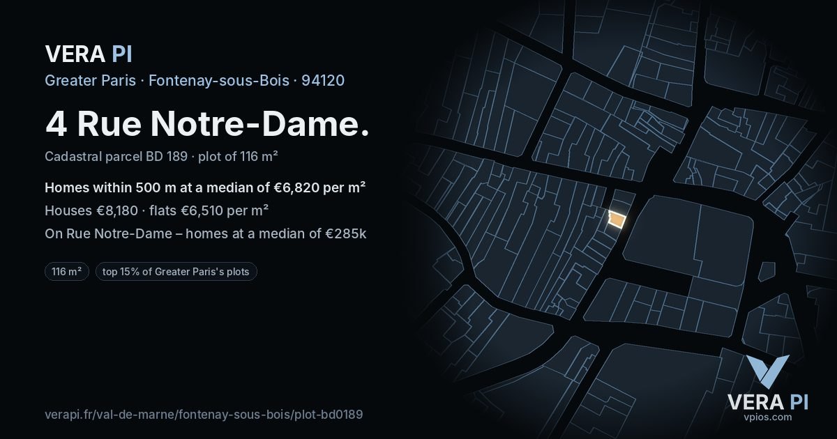 4 Rue Notre-Dame, Fontenay-sous-Bois at night – the plot lit, the parcels around coloured by the prices near them