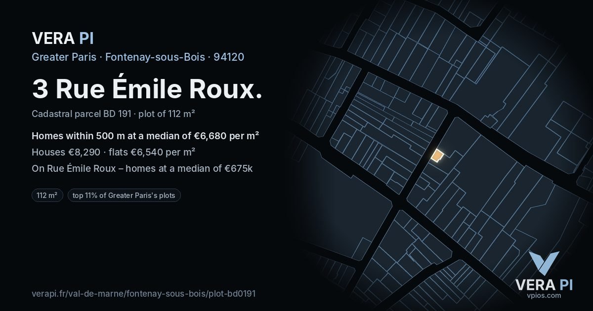 3 Rue Émile Roux, Fontenay-sous-Bois at night – the plot lit, the parcels around coloured by the prices near them