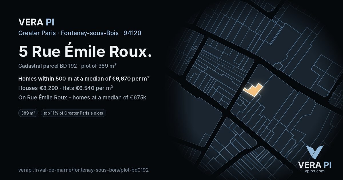 5 Rue Émile Roux, Fontenay-sous-Bois at night – the plot lit, the parcels around coloured by the prices near them