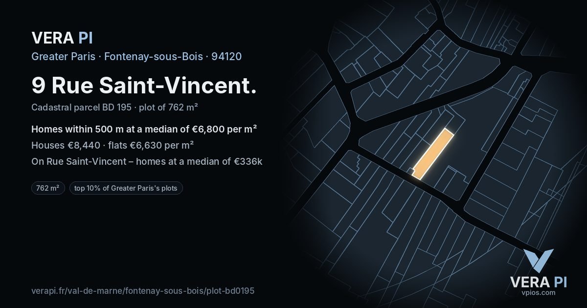 9 Rue Saint-Vincent, Fontenay-sous-Bois at night – the plot lit, the parcels around coloured by the prices near them