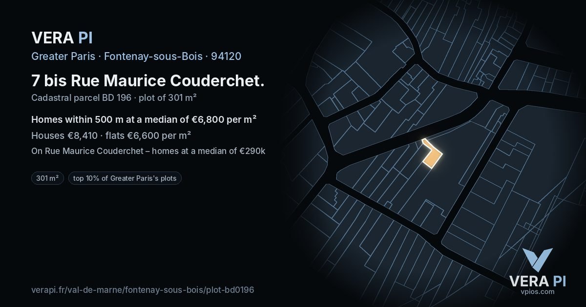 7 bis Rue Maurice Couderchet, Fontenay-sous-Bois at night – the plot lit, the parcels around coloured by the prices near them