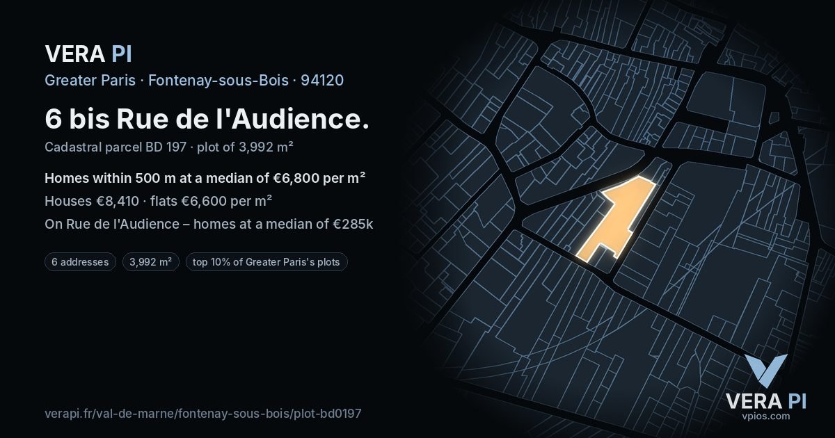 6 bis Rue de l'Audience, Fontenay-sous-Bois at night – the plot lit, the parcels around coloured by the prices near them