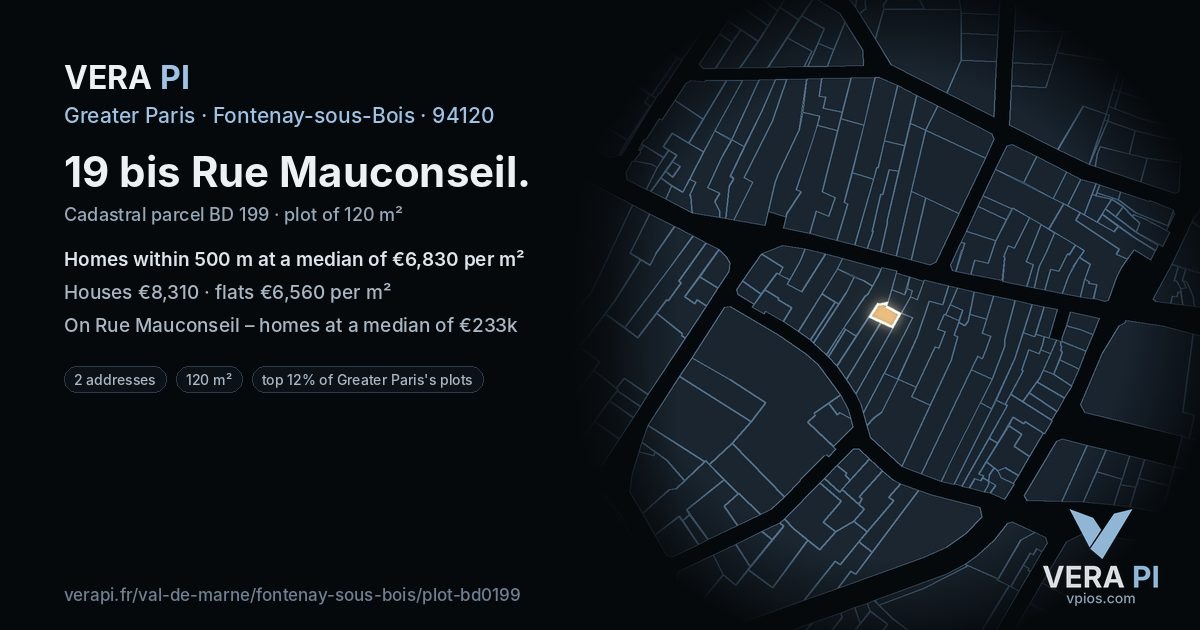 19 bis Rue Mauconseil, Fontenay-sous-Bois at night – the plot lit, the parcels around coloured by the prices near them