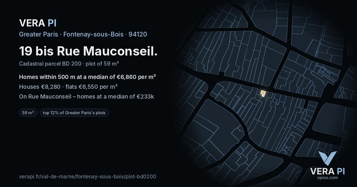 19 bis Rue Mauconseil, Fontenay-sous-Bois at night – the plot lit, the parcels around coloured by the prices near them