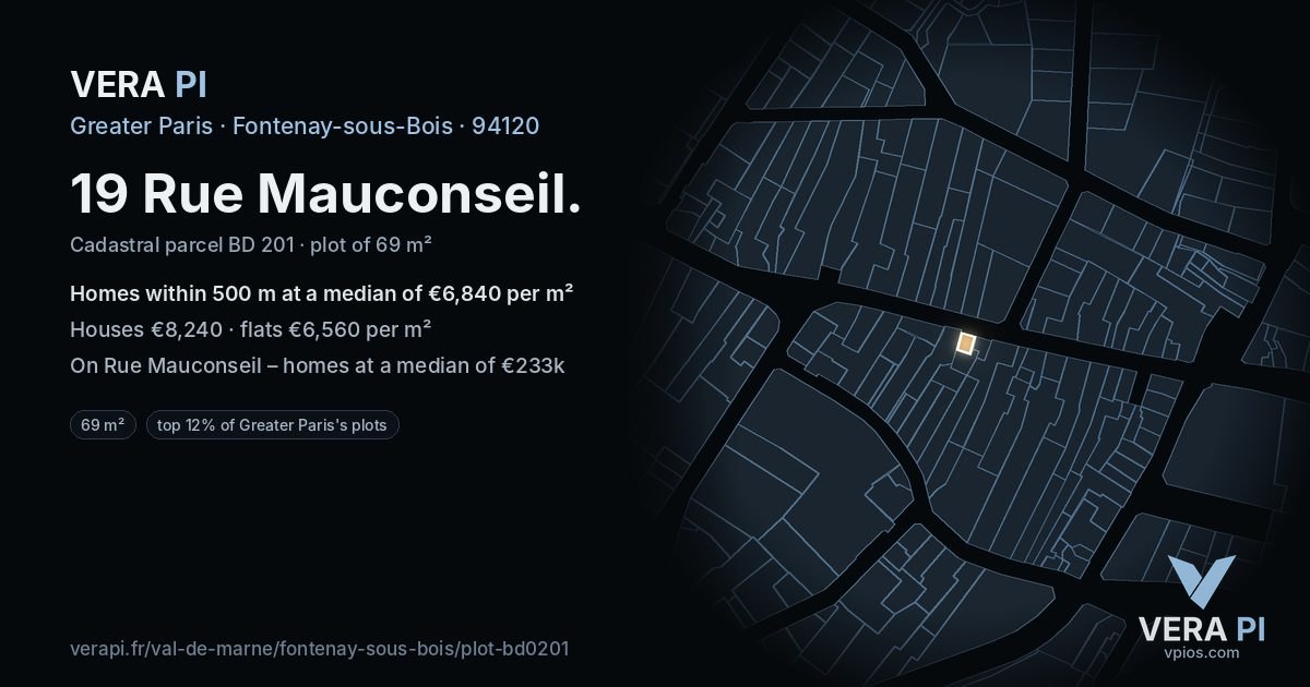 19 Rue Mauconseil, Fontenay-sous-Bois at night – the plot lit, the parcels around coloured by the prices near them