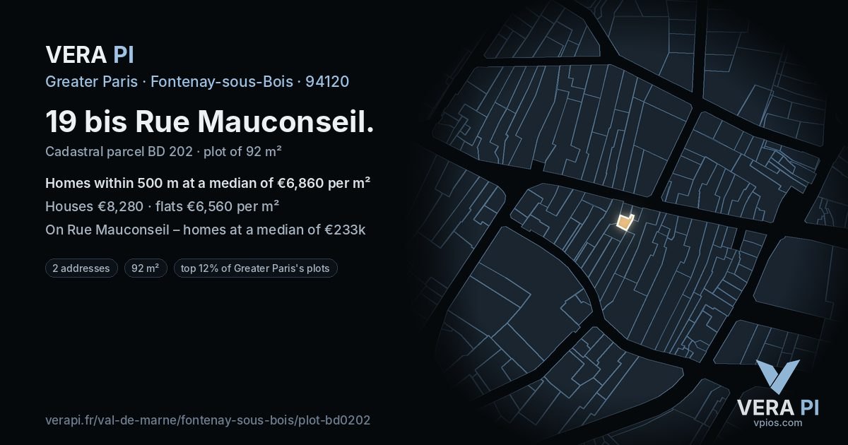 19 bis Rue Mauconseil, Fontenay-sous-Bois at night – the plot lit, the parcels around coloured by the prices near them