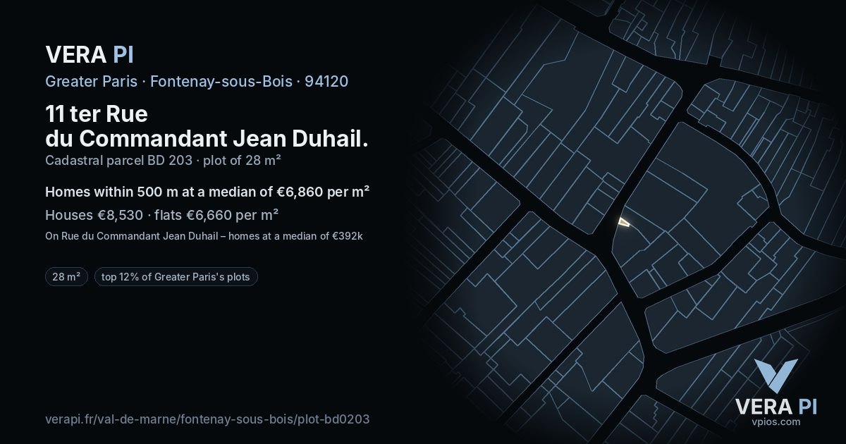 11 ter Rue du Commandant Jean Duhail, Fontenay-sous-Bois at night – the plot lit, the parcels around coloured by the prices near them