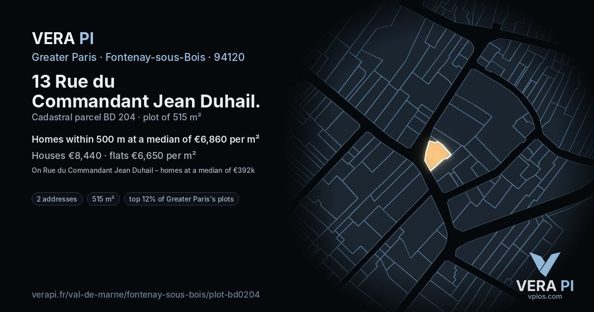 13 Rue du Commandant Jean Duhail, Fontenay-sous-Bois at night – the plot lit, the parcels around coloured by the prices near them